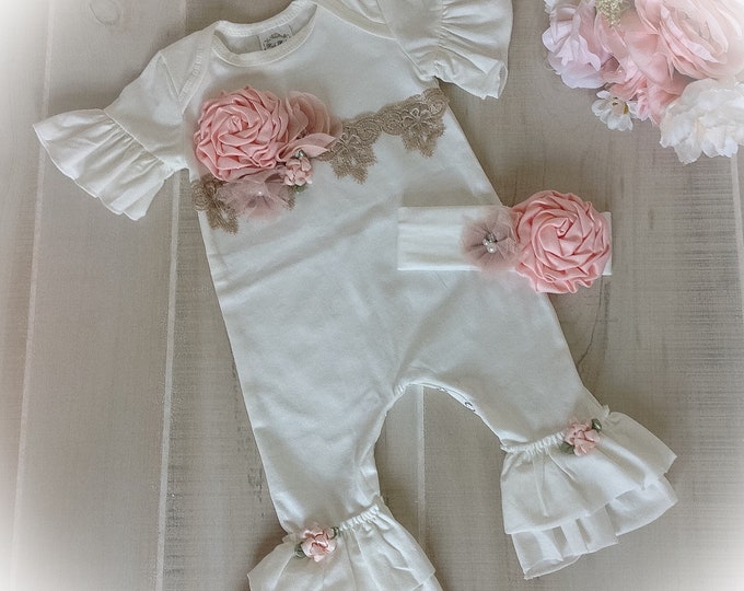 Newborn Girl Coming Home Outfit, Baby Girl Take Home, Ivory and Peach Newborn Ruffle Romper