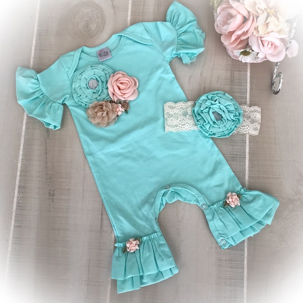 Newborn Girl Coming Home Outfit, Baby Girl Romper,Aqua Baby Outfit