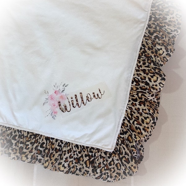 Baby Girl Blanket, Ivory and Leopard Ruffle Blanket, Minky Baby Blanket, Monogrammed Baby Girl Gift