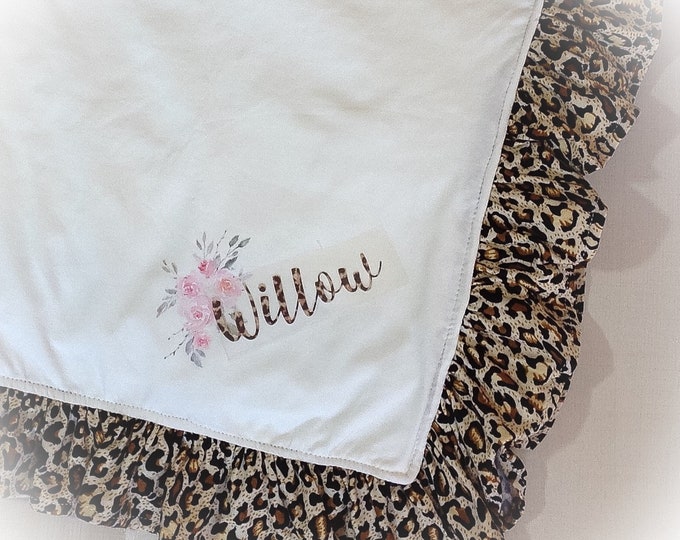 Baby Girl Blanket, Ivory and Leopard Ruffle Blanket, Minky Baby Blanket, Monogrammed Baby Girl Gift