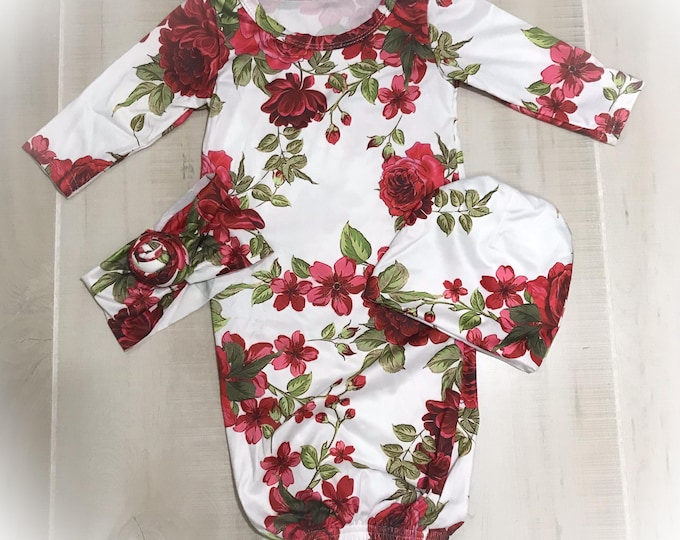 Baby Girl Red Floral Layette Set, Newborn Gown, Hat, Headband (3pc)