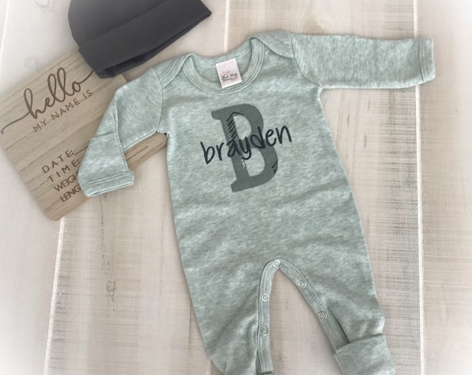 Personalized Newborn Boy Romper, Baby Boy Coming Home Outfit, Monogrammed Baby Romper