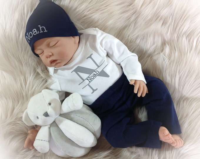 Personalized Baby Boy Coming Home Outfit, Personalized Newborn Bodysuit, Navy and Gray Baby Boy Pant Set, Baby Boy Shower Gift