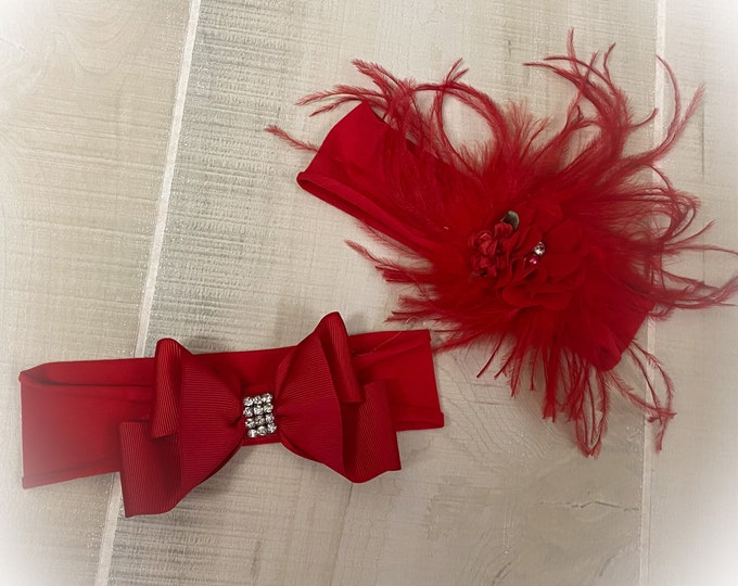 Baby Red Headband, Bow Headband, Feather Headband