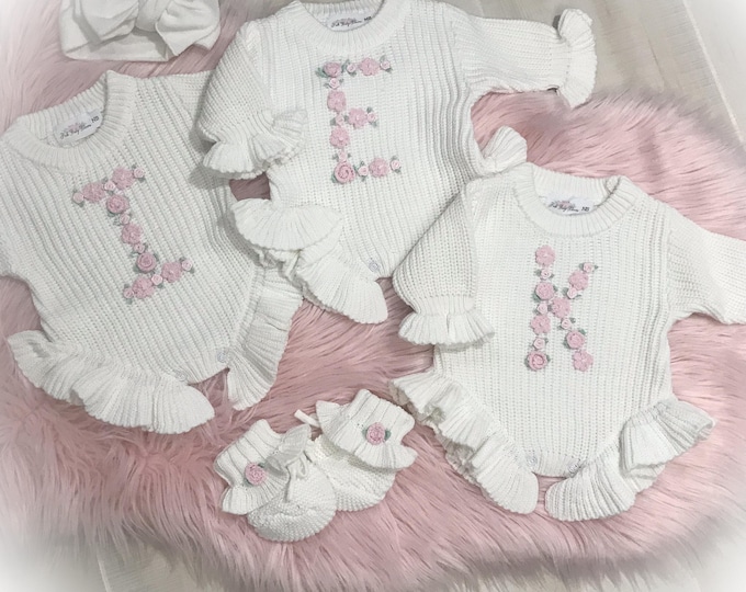 Personalized Knit Ruffle Romper, Baby Girl Flower Initial Outfit, Baby Sweater Romper, Shower Gift