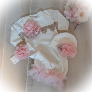 Newborn Girl Coming Home Gown: Ivory Cotton, Pink Tulle Flowers