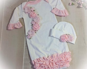 Newborn Girl Coming Home Outfit, Pink Ruffle Baby Gown, Babys First Photo Outfit