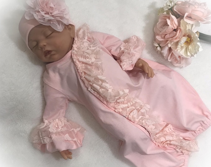 Newborn Girl Hospital Outfit, Side Snap Lace Gown, Coming Home Outfit, New Baby Gift