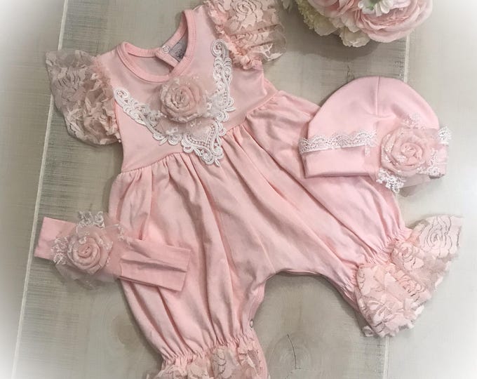 Baby Girl Take Home Outfit, Newborn Pink Lace Romper, Baby Shower Gift,Baby Photo Outfit