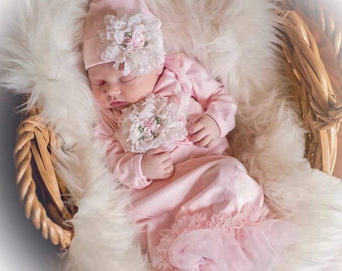 Handmade Newborn Girl Gown: Pink Cotton, Lace & Tulle Coming Home Outfit
