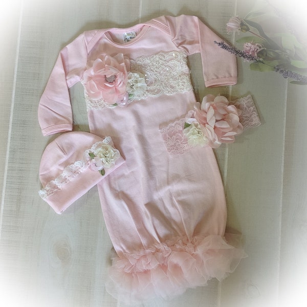 Newborn Girl Coming Home Gown, Newborn Take Home, Pink Coming Home Outfit, Newborn Girl Layette