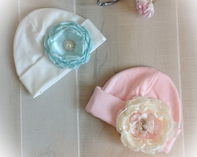 Baby Girl Hat, Newborn Hat with Flower, Baby Shower Gift