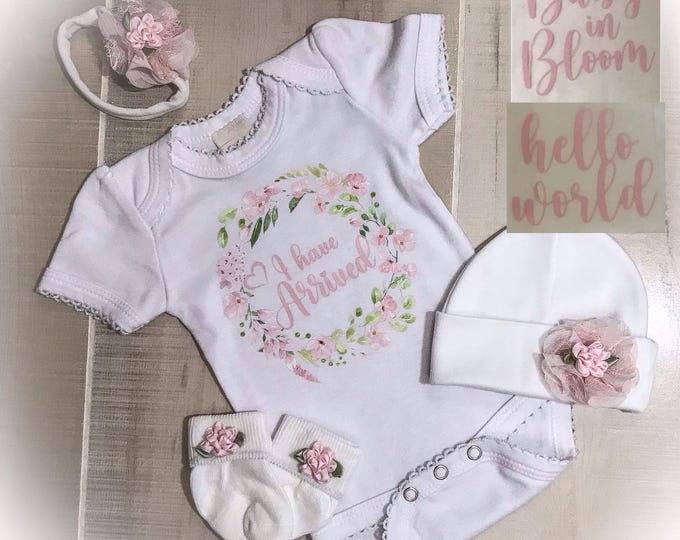 Personalized Newborn Girl Announcement Outfit, Baby in Bloom, Personalized Shower Gift, Coming Home Outfit