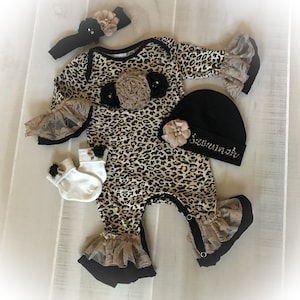 Newborn Girl Coming Home Outfit, Leopard Ruffle Romper, Personalized Take Home Romper