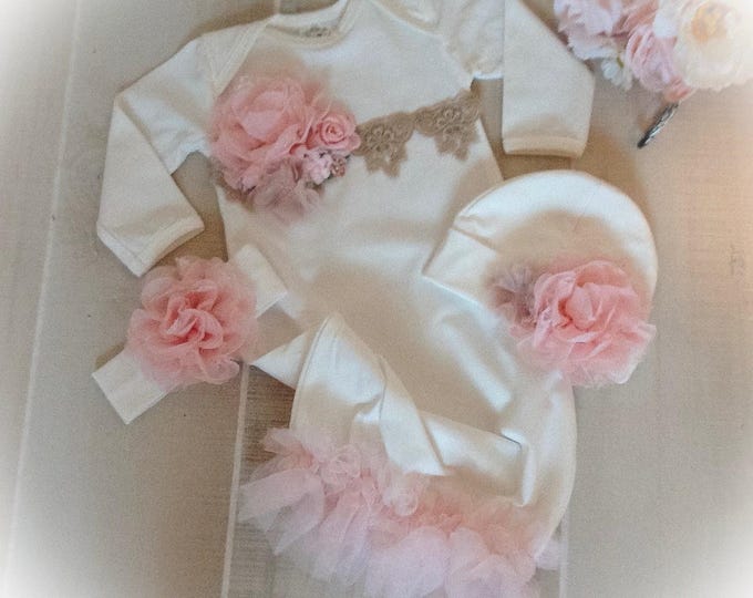 Newborn Girl Coming Home Gown, Ivory Cotton, Pink Tulle Flowers