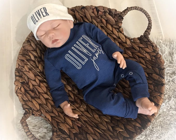 Personalized Navy Coming Home Romper, Monogram Boy Outfit, Customized Boy Gift,