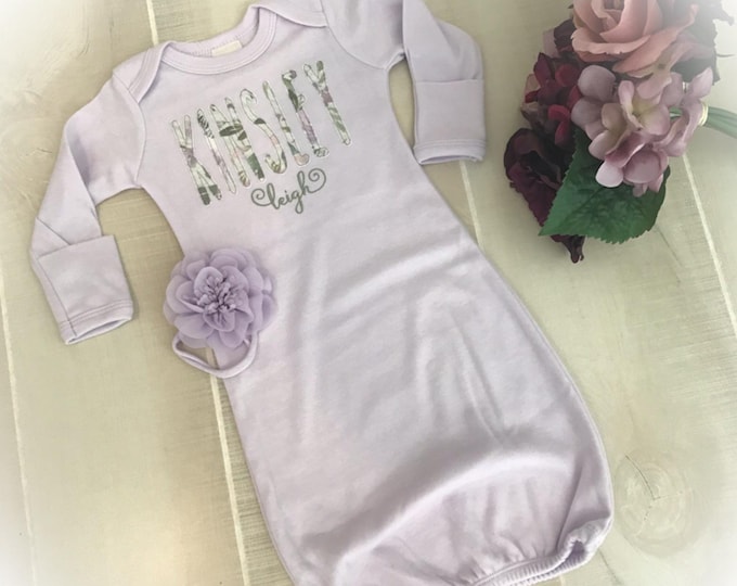 Lavender Newborn Girl Coming Home Gift, Personalized Baby Girl Gown