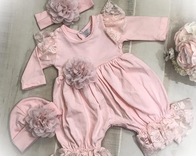 Newborn Girl Coming Home Outfit, Pink Lace Baby Romper, Baby Shower Gift