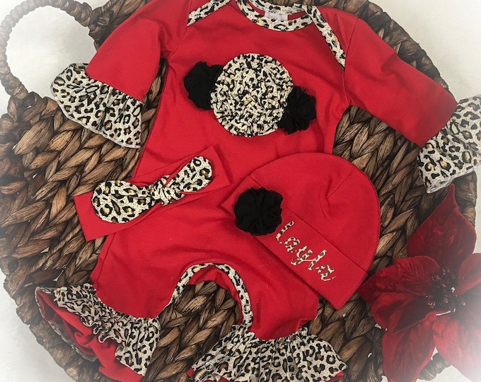 Baby Girl Personalized Red Leopard Romper