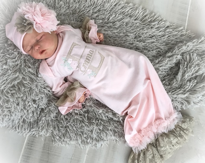 Newborn Girl Monogrammed Take Home Outfit, Pink Lace Coming Home Gown,Bring Home Gown