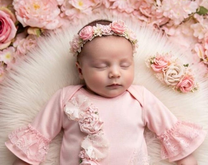 Newborn Girl Take Home Outfit, New Baby Gift, Pink Lace Bring Home Gown