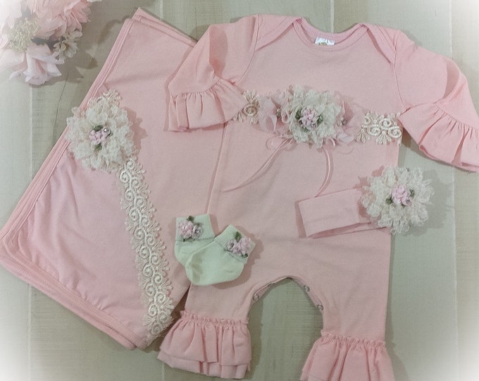 Newborn Girl Coming Home Outfit, Baby Girl Ruffle Romper, Victorian Baby Outfit, Baby Photo Outfit