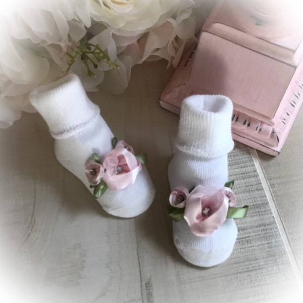 Baby Socks, Newborn Booties, White Baby Girl Socks with Flowers