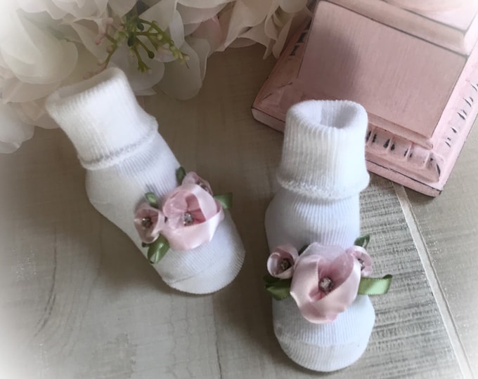 Baby Socks, Newborn Booties, White Baby Girl Socks with Flowers