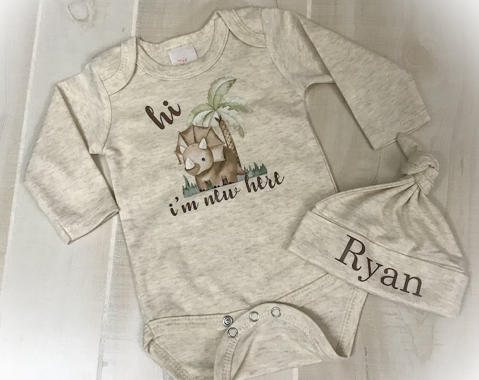 Newborn Boy Hello World Coming Home Outfit, Baby Boy Dinosaur Bodysuit and Pant Set