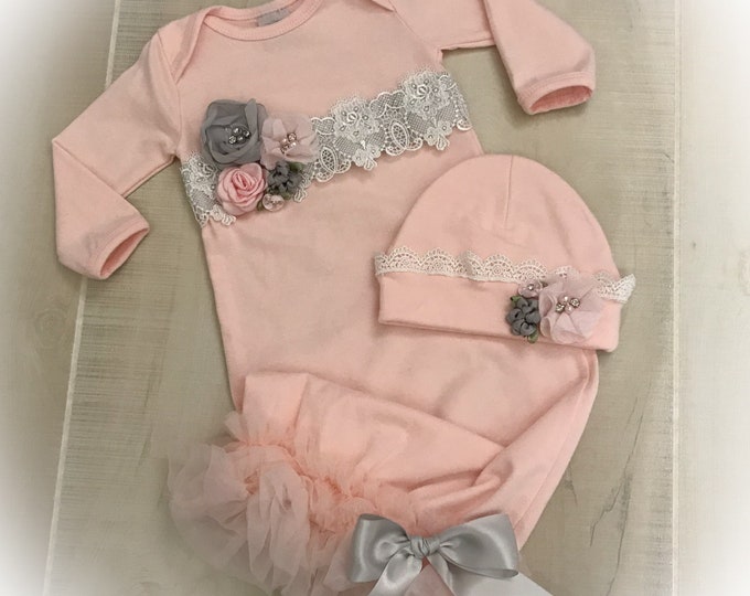 Newborn Coming Home Gown, Pink Gray Take Home Outfit, Baby Shower Gift