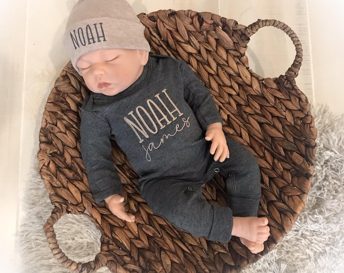 Personalized Boy Coming Home Outfit, Monogram Baby Romper, Customized Boy Shower Gift