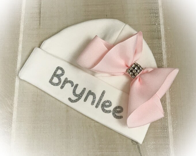 Newborn Girl Personalized Hat, Baby Bow Hat, Baby Shower Gift, Take Home Baby Hat