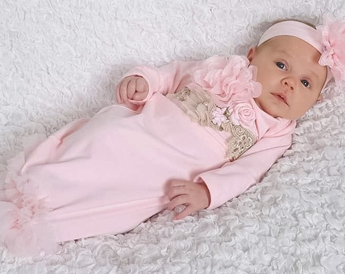 Newborn Girl Coming Home Outfit, Newborn Girl Gown, Pink Coming Home Outfit, Baby Girl Take Home Outfit, Newborn Girl Layette