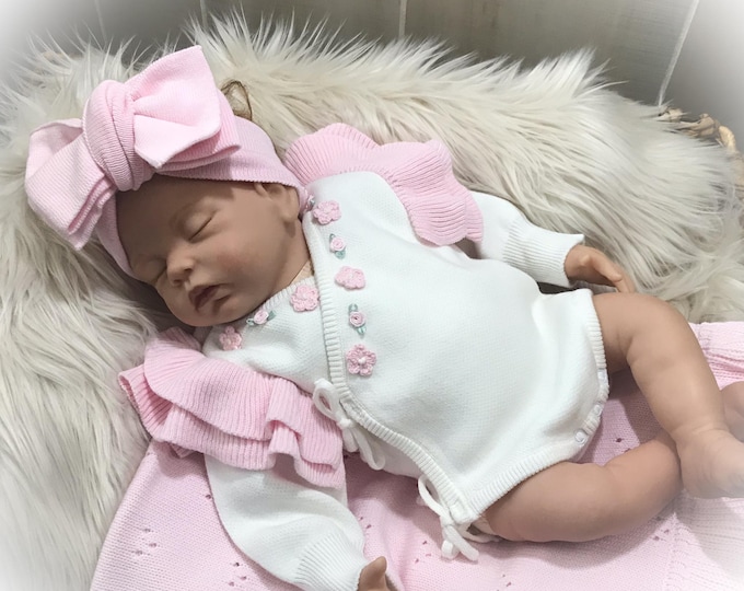 Baby Knit Kimono Romper with Pink Ruffles, Cotton Newborn Outfit