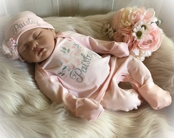 Newborn Girl Coming Home Outfit, Personalized Newborn Sleeper, Newborn Girl Hat