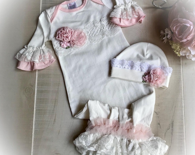 Ivory and Pink Lace Newborn Coming Home Gown