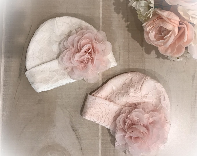 Lace Newborn Girl Hat: Baby Hospital Beanie, Chiffon Flower