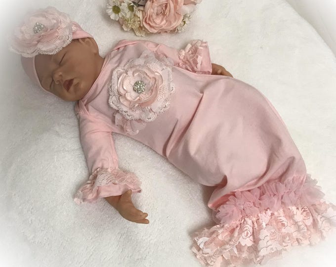 Newborn Girl Take Home Outfit, New Baby Gift, Pink Lace Bring Home Gown