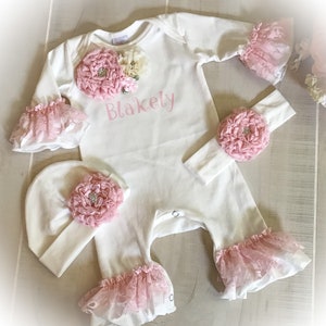 Newborn Girl Coming Home Outfit, Personalized  Ruffle Romper, Baby Girl Take Home Romper