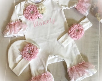 Newborn Girl Coming Home Outfit, Personalized  Ruffle Romper, Baby Girl Take Home Romper