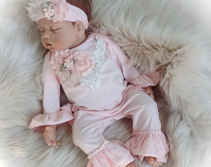 Pink Ruffle Romper: Newborn Girl Coming Home Outfit with Venice Lace