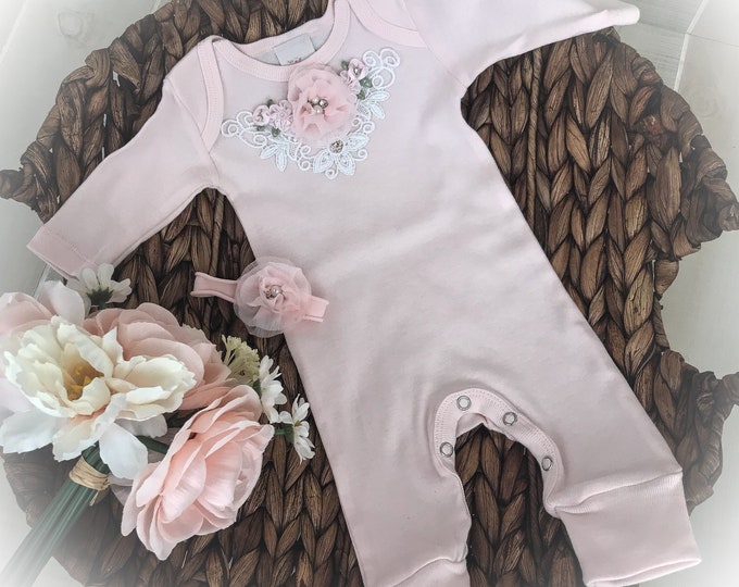 Newborn Girl Coming Home Outfit, Baby Girl Shower Gift, Blush Pink Baby Romper
