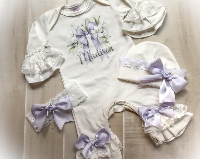 Newborn Personalized Girl Coming Home Gift, Baby Girl Lace Bow Romper