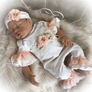 Newborn Girl Ruffle Romper: Peach Lace Coming Home Outfit
