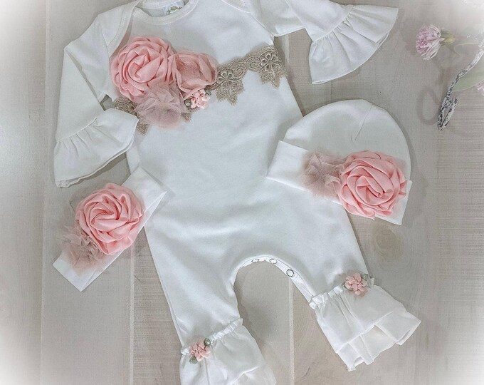 Newborn Girl Ruffle Romper: Floral Venice Lace Coming Home Outfit