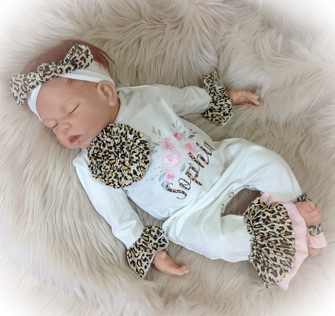 Personalized Baby Girl Leopard Print Romper, Newborn Girl Take Home