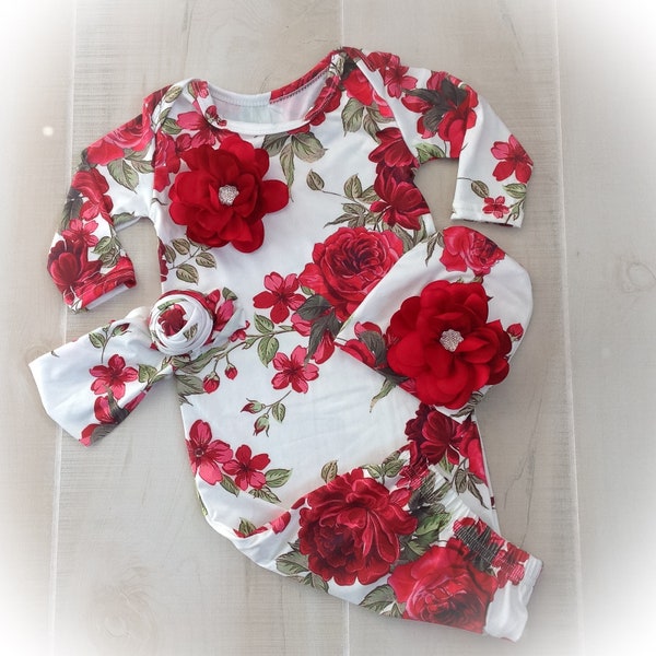 Baby Girl Coming Home Outfit, Newborn Gown, Red Floral Coming Home Outfit, Newborn Take Home Outfit, Newborn Girl Photo Outfit