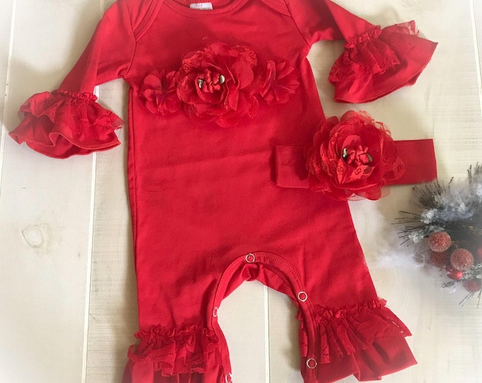 Newborn Girl Red Lace Ruffle Romper