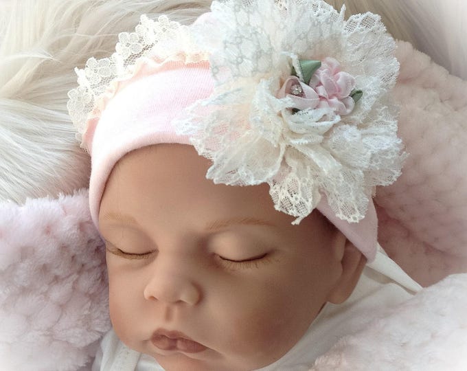Newborn Girl Hospital Hat: Pale Pink Lace Flower, Cotton Blend