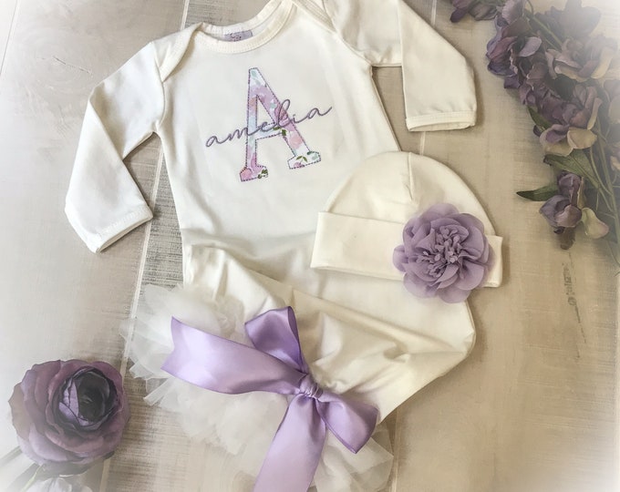 Personalized Baby Girl Gown, Newborn Embroidered Gown with Purple, Lavender Coming Home Outfit